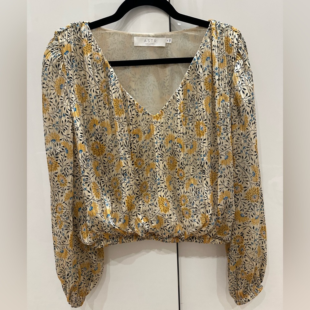 Astr Floral V-Neck Blouse - Yellow and Blue